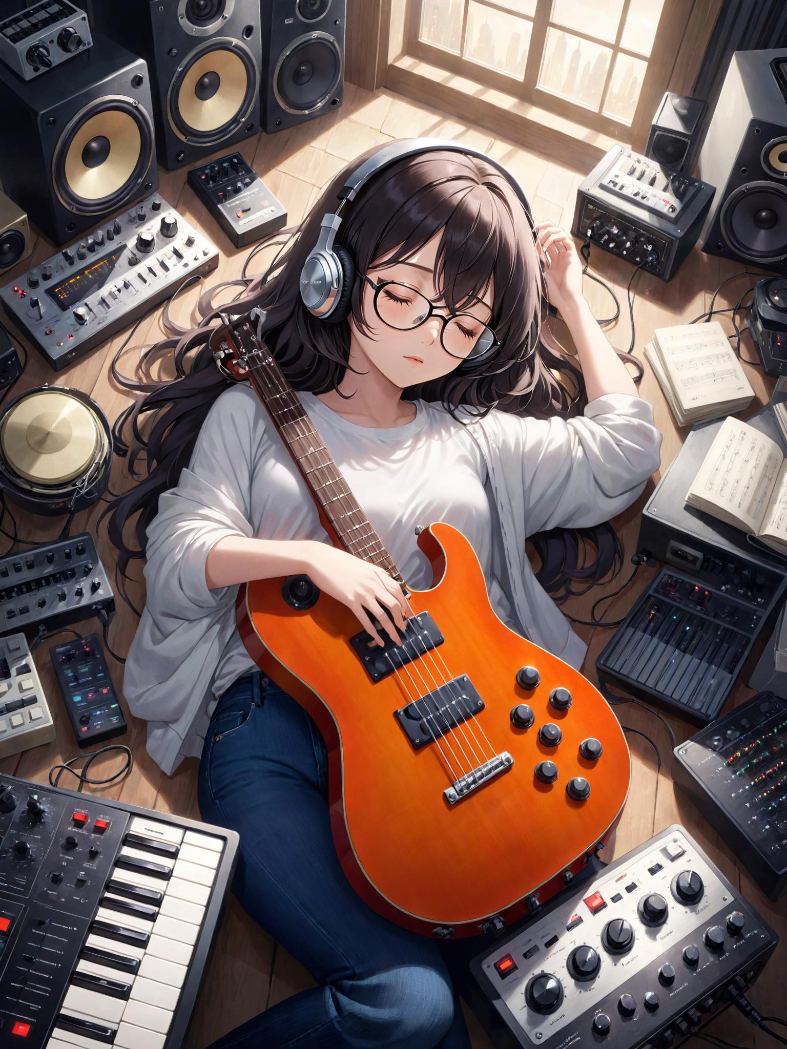 A woman with headphones and a guitar surrounded by music equipment - SeaArt  AI