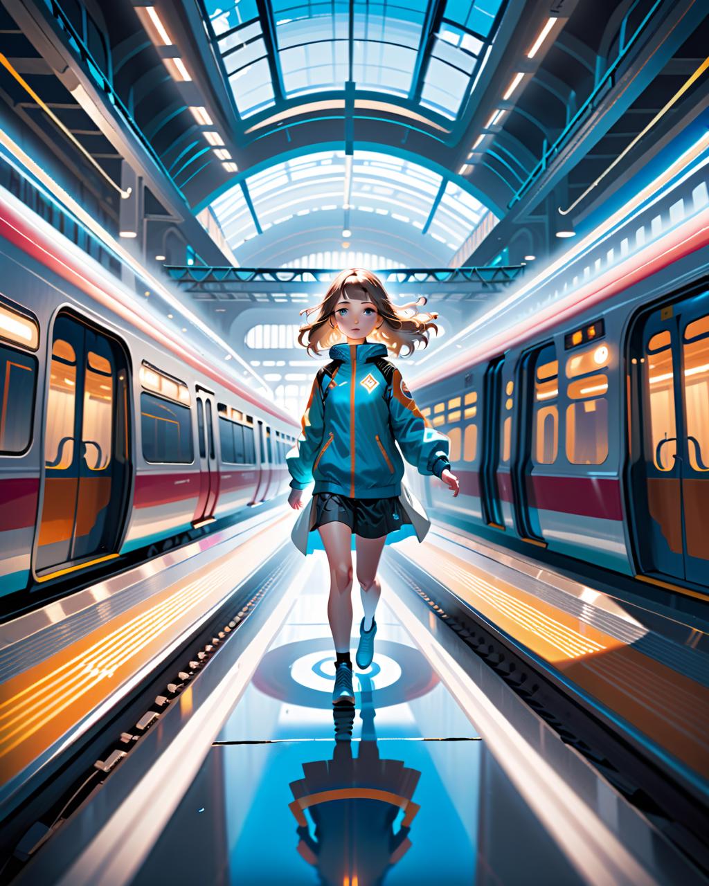 Arafed image of a woman running through a train station - SeaArt AI