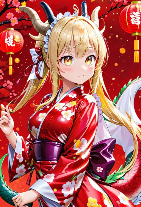 a woman in a red kimono dress holding a dragon