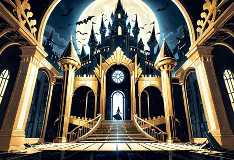 (faerytale art deco, golden palace) facing at the same level a (nightmare, spooky, demolished castle)