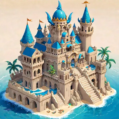 ((masterpiece, best quality)),  absurdres,  Isometric_Setting,  highly detailed,  sand castle,  king neptune's water palace,