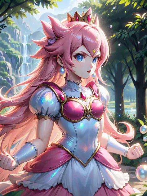 1girl, mature, small breasts, front view,  princess peach, long hair, outdoor,  <lora:add-detail-xl:3>, <lora:PoweringUp:1.2>, PoweringUp, <lora:OpalPearl:1>, OpalPearl, <lora:breasts_slider_v2:-5>