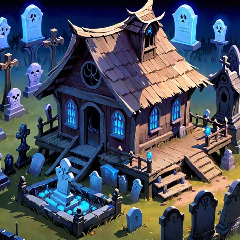 ((masterpiece, best quality)),  absurdres,  Isometric_Setting,  old wooden shack,  spooky graveyard,  graves,  glowing blue ligh...