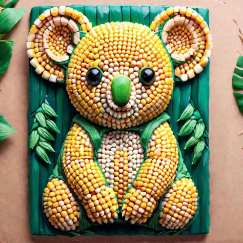 a close up of a cake with corn and a koala on it