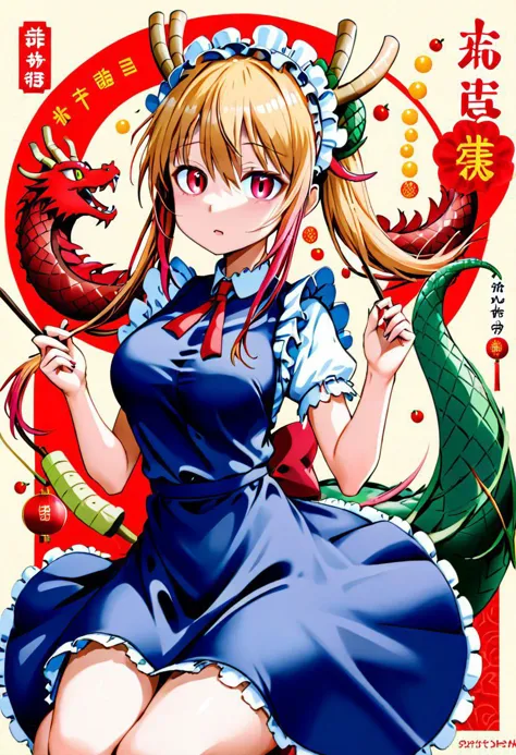 tohru \(maidragon\), Miss Kobayashi's Dragon Maid, dragon girl, maid outfit, dragon tail, dragon horns, slit pupils, Chinese Lun...