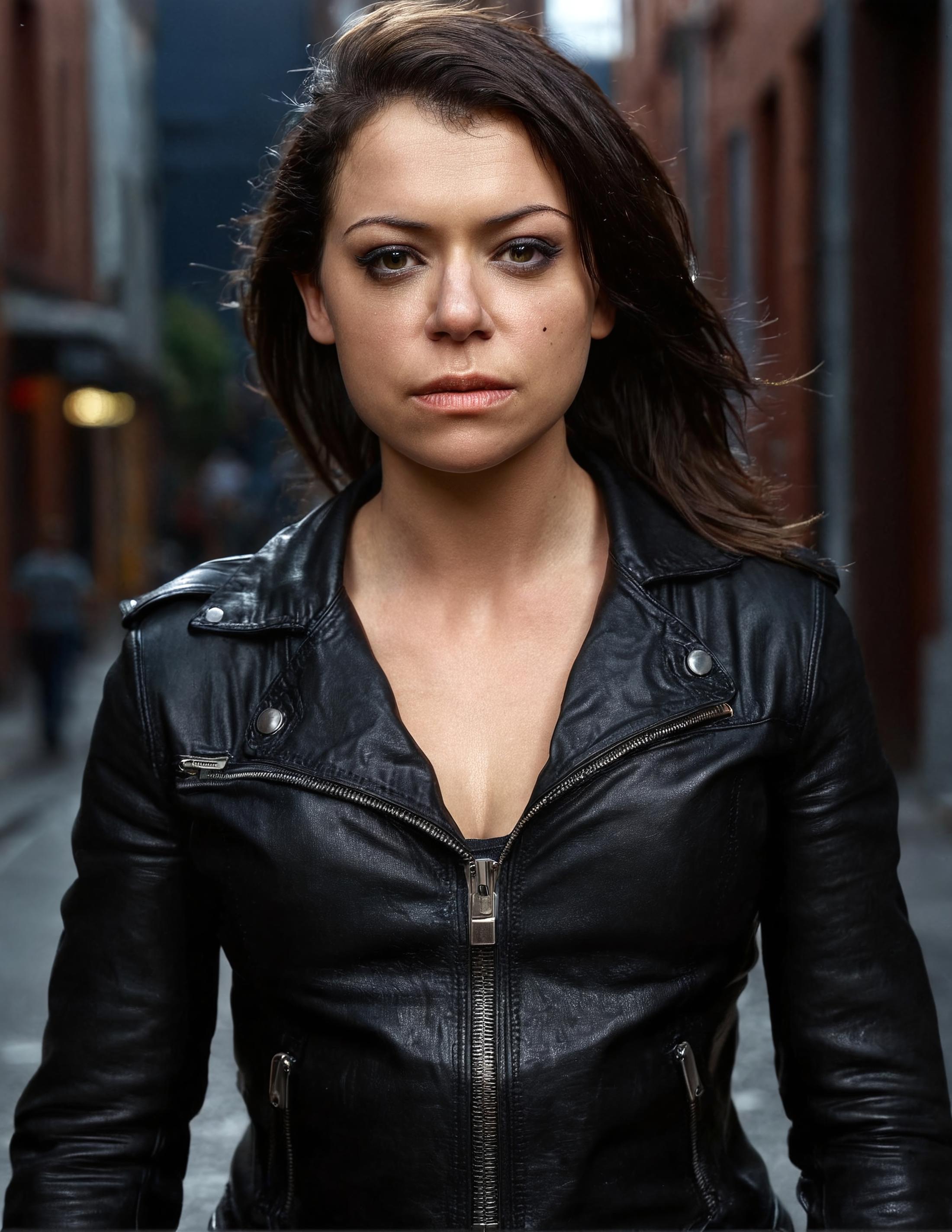 A close up of a woman in a leather jacket posing for a picture - SeaArt AI