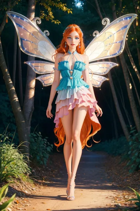 cinematic composition, professional full body shot photo of Bloom, dress, fairy wings, orange hair, blue eyes, sparkling outfit,...