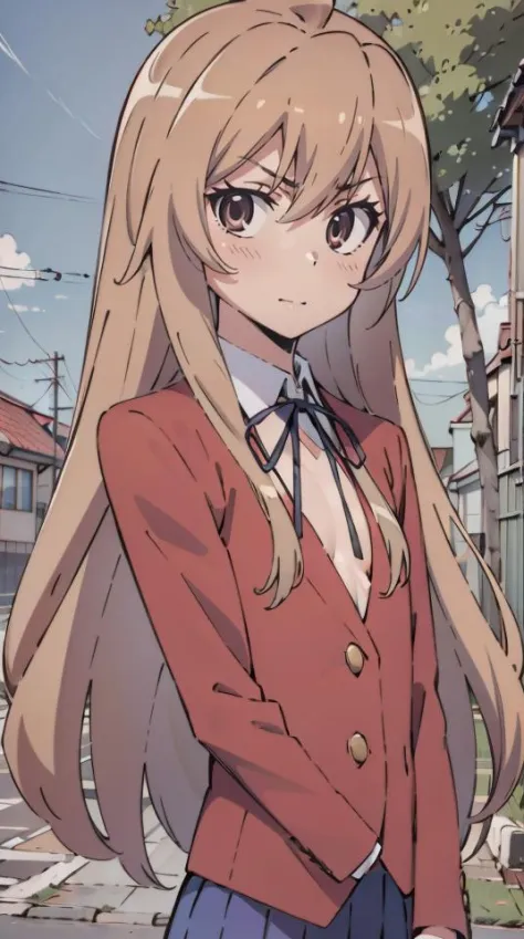 masterpiece,absurdres,best quality,high quality,1girl,aisaka taiga,long hair,school uniform,red jacket,black ribbon,looking at viewer,(flat chest:1.1) ),upper bodyreading a book,outdoors,