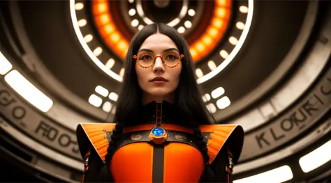 tiktok girl, (from_below:1.31) (standing:1.23) black hair, , long_hair , victorian era , orange (cyborg) , in a space ship , jew...