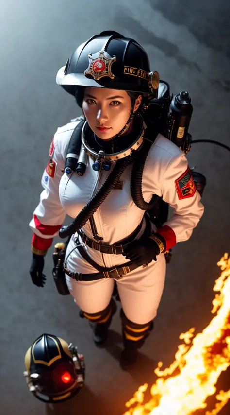 tiktok girl, (from_above:1.31) (walking:1.2) black-hair , open_helmet , steampunk , white (firefighter) uniform , (in zero-gravi...