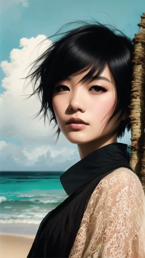 young woman, black hair with long pixie cut in a bob style and wearing high collar clothes at the beach next to palm trees. atmo...