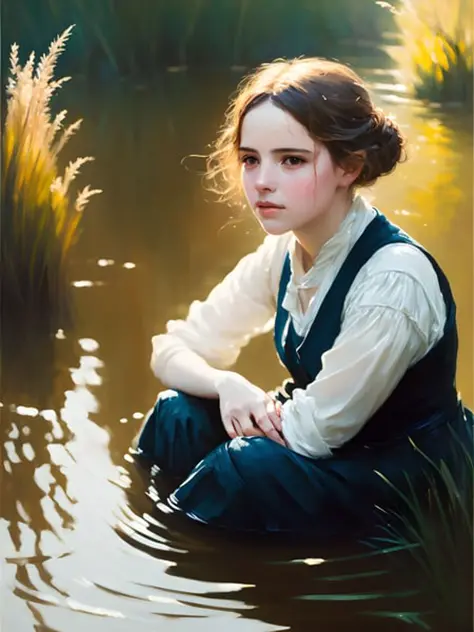 portrait of a cute woman bathing in a river, reeds, (backlighting), realistic, masterpiece, highest quality, lens flare, shade, bloom, [[chromatic aberration]], by Jeremy Lipking, by Antonio J. Manzanedo, digital painting