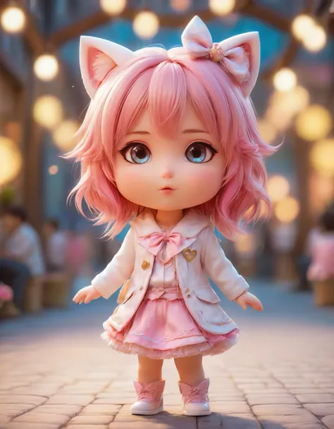 a close up of a doll with pink hair and a cat ears