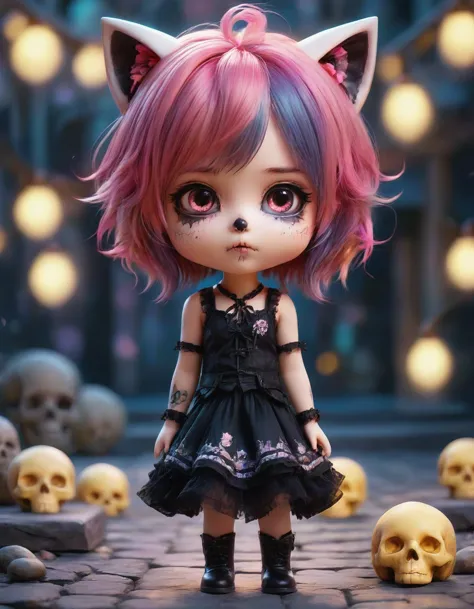 a close up of a doll with pink hair and a cat ear