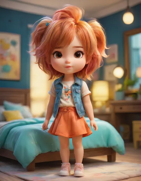 a close up of a doll standing on a bed in a room