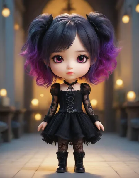 a close up of a doll with purple hair and black dress