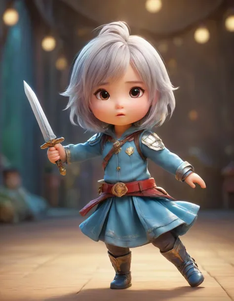 a little girl in a blue dress holding a sword