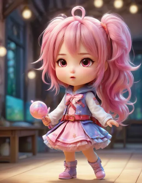 a close up of a doll with pink hair holding a candy