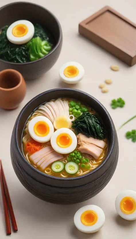 there is a bowl of ramen with a boiled egg and some vegetables