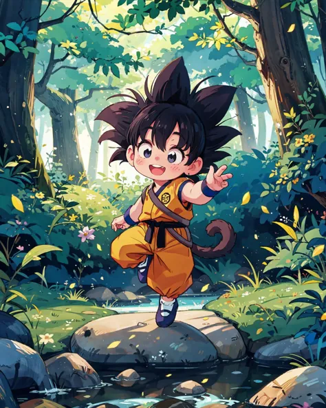 (full body:1.3), photography of a KidGoku, black hair, spiked hair, monkey tail, wristband, dougi, male ,
standing, looking back,
A single leaf floats down a babbling brook, twisting and turning through a misty forest, its journey a poetic dance that captures the essence of nature's ever-changing cycle,
(realistic,detailed, best quality:1.4), QuickHands, 