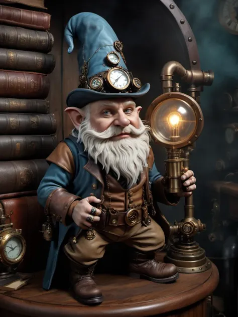 award winning photograph of a gnome with hidden knowledge made of haunting steampunk in wonderland, magical, whimsical, fantasy art concept, steampunk, intricate details, best quality, masterpiece, ultra shartp, hyper realistic, realism <lora:Haunting_Steampunk_XL_V1:0.8> , haunting, steampunk