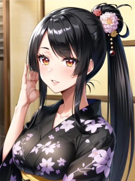 outdoors,casual, 1girl, <lora:nijou_v1:0.7>nijou,black hair,side ponytail, long hair,hoge,hair flower,black kimono,a obi,, <lora...