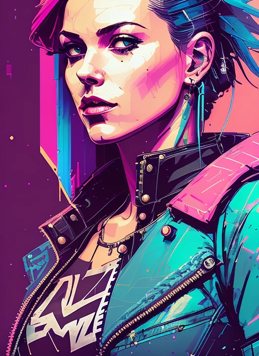 snthwve style nvinkpunk close up portrait of a punk woman, punk rock, roller derby, tank girl, bubblegum, edgy, dangerous, high detailed, 8k, by jeremy mann, by sandra chevrier, by dave mckean and richard avedon and maciej kuciara, in the style of Style-Death