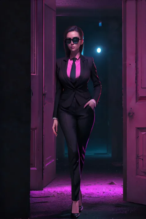 <lora:neonnight:0.8> woman wearing formal suit and tie, sunglasses, standing in a dark empty room, liminal spaces, backrooms, ne...