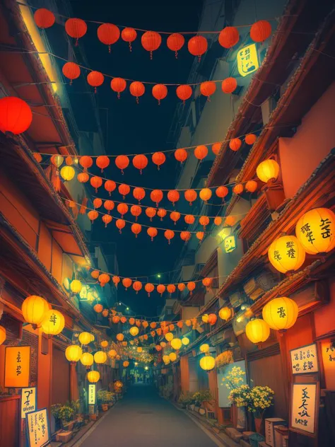 a view of a street with lanterns hanging from the ceiling