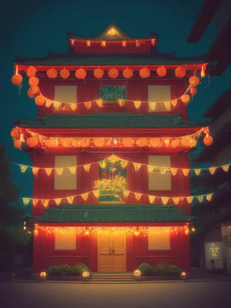 <lora:lora_NeonNight:1>a building with a bunch of lights hanging from it's side
