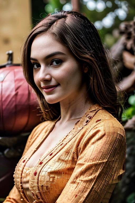 ((Low angle view medium Distance shot)), masterpiece, best quality, 1girl, L1lah4luvofev1l, long sleeves, black dress, flirtatious smile, street, buddhist statue, Canon EOS 5D Mark IV, telephoto lens, 85mm focal length