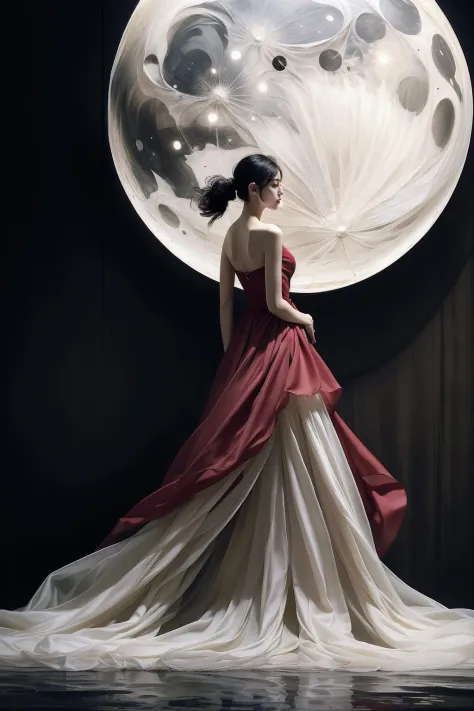 photorealistic,realistic,photography,masterpiece,best quality,ultra-detailed,1girl,<lora:md_20230903031940-000009:0.8>,(red dress:1.2),white hair,moon,(water:1.2),(flower:1.1),