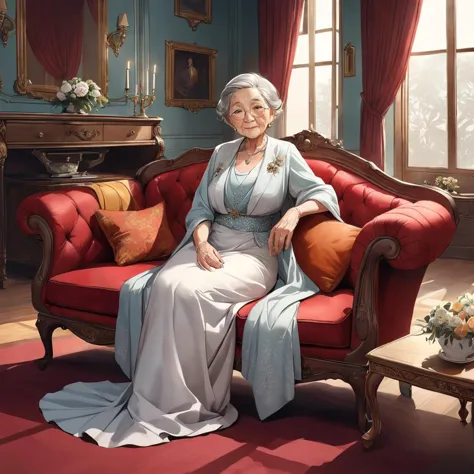 <lora:OldAp_XL001A:0.7>,
oldap,an old woman,solo,elegance,formal,dress,gorgeous room,cloth sofa,furnishings,sitting,