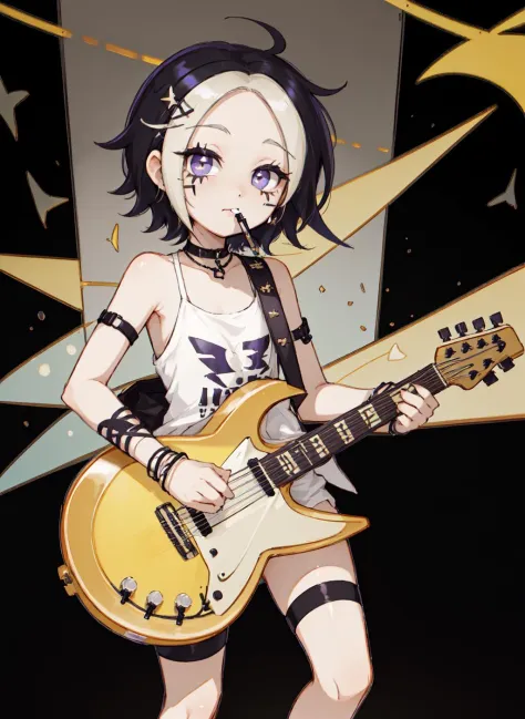 blacklemonade, 1girl, fullbody, solo, playing guitar, looking right, guitar pick in mouth, stage, stage background, spotlights, stage lights, high quality, best quality, detailed chibi style, detailed, androgynous, flat chest, beauty mark