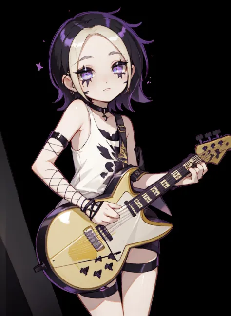 limonade noire, 1fille, tout le corps, seulement, Jouer de la guitare, je regarde à droite, médiator dans la bouche, scène, scène background, projecteurs, scène lights, Haute qualité, Meilleure qualité, détaillé chibi style, détaillé, androgyne, poitrine plate, marque de beauté