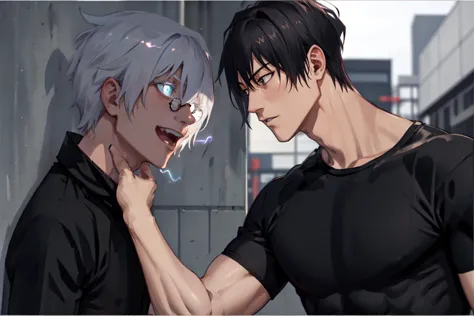 anime guy with white hair and black shirt touching another guy's face