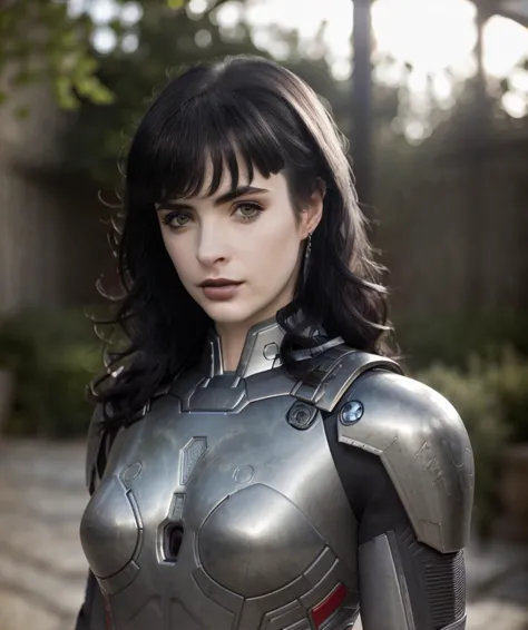 portrait photo, kryst3n, (sharp focus:1.2), attractive young woman, (beautiful face:1.1), detailed eyes, luscious lips, (smokey eye makeup:0.85), she is wearing iron man mark II armor suit, in a (courtyard:1.1). (moody lighting:1.2), depth of field, bokeh, 4K, HDR.
<lyco:KrystenRitterDoguv2:0.96>