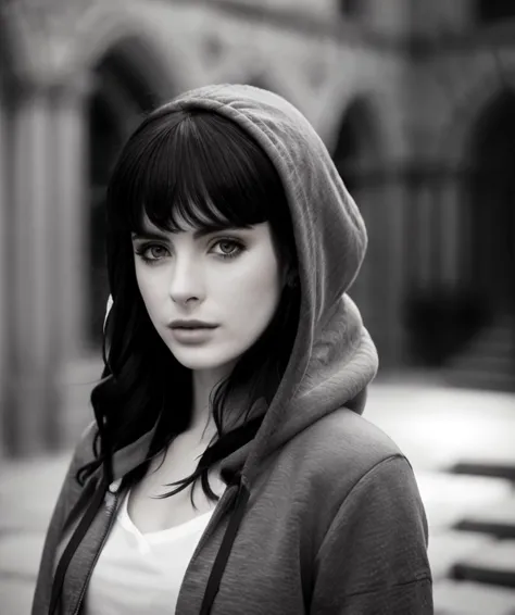 a woman with a hoodie standing in a courtyard looking at the camera