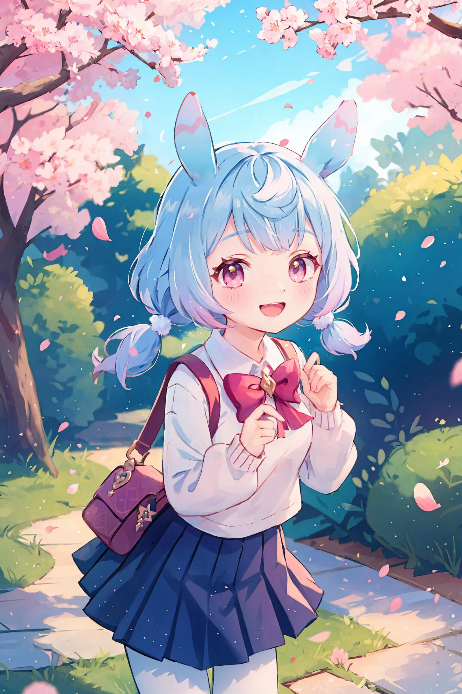 1girl, sigewinne \(genshin impact\), solo,  low twintails, animal ears, , white shirt, sweater, pleated skirt, pantyhose, smile, open mouth, double v, looking at viewer, smile, open mouth, outdoors, street, cherry blossoms, petals, depth of field
