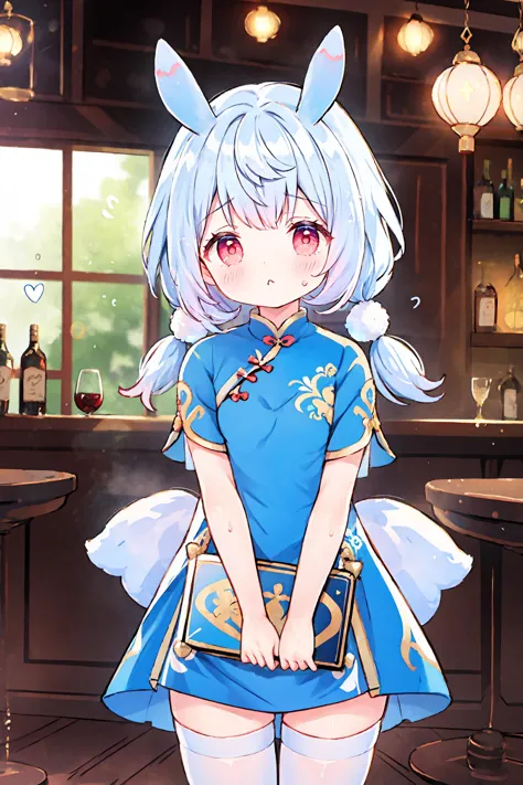 anime girl in blue dress standing in front of a bar