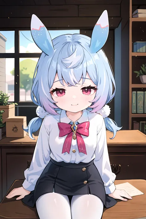 1fille, Sigewinne \(impact genshin\), seulement,  twintails bas, oreilles d&#39;animaux, Bureau lady, chemise à col, chemise blanche, jupe crayon, cuissardes noires, tir de cow-boy, regarder le spectateur, Bureau, assis sur le bureau, à l&#39;intérieur, profondeur de champ, sourire séduisant, regarder le spectateur, écarter les jambes, collants, 