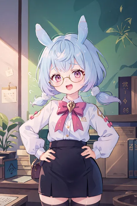 1girl, sigewinne \(genshin impact\), solo,  low twintails, animal ears, office lady, collared shirt, white shirt, pencil skirt, black thighhighs, glasses, looking at viewer, cowboy shot, office, indoors, depth of field,  <lora:Smug:0.8> smug, open mouth, hands on hips