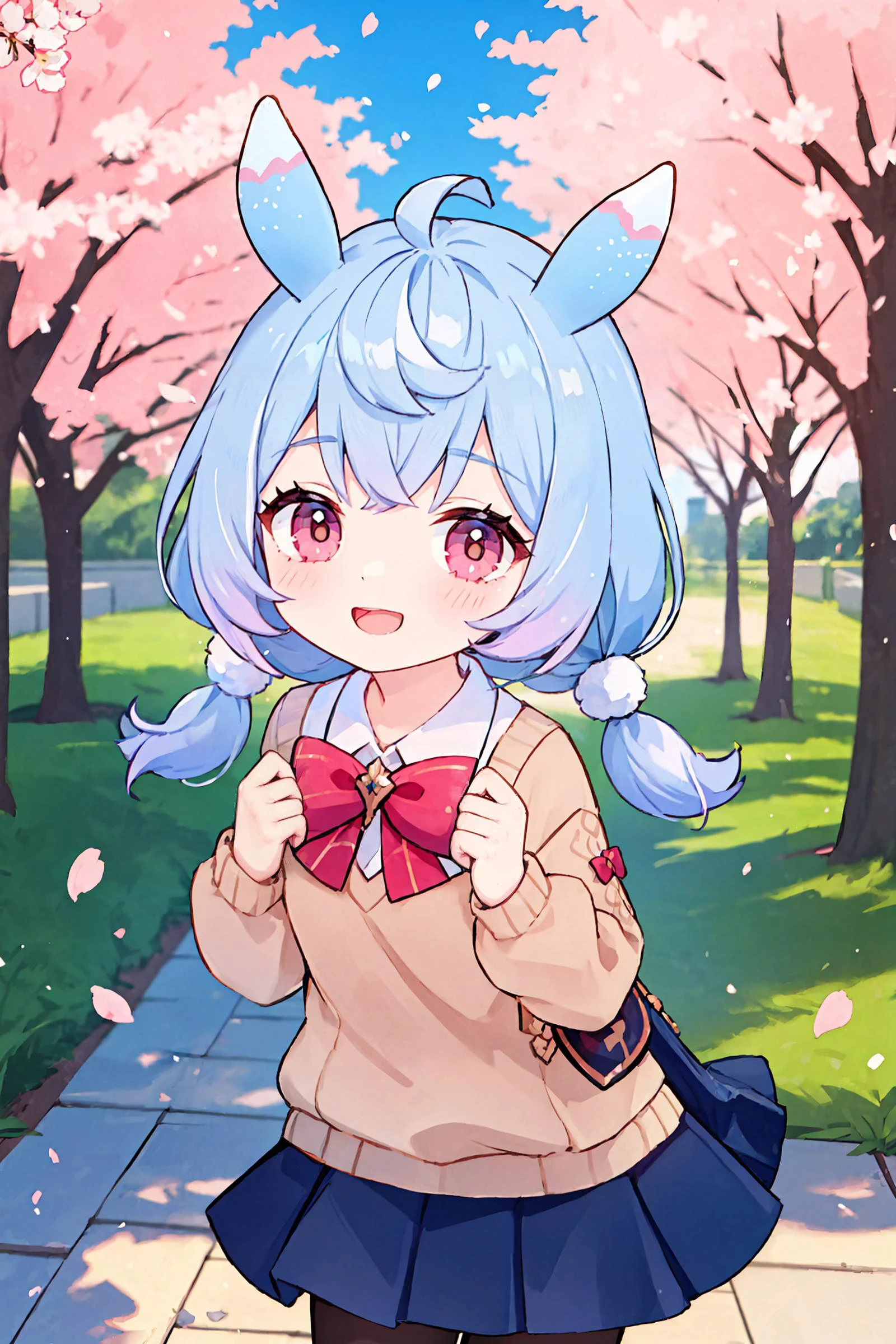 1girl, sigewinne \(genshin impact\), solo,  low twintails, animal ears, , white shirt, sweater, pleated skirt, pantyhose, smile, open mouth, double v, looking at viewer, smile, open mouth, outdoors, street, cherry blossoms, petals, depth of field