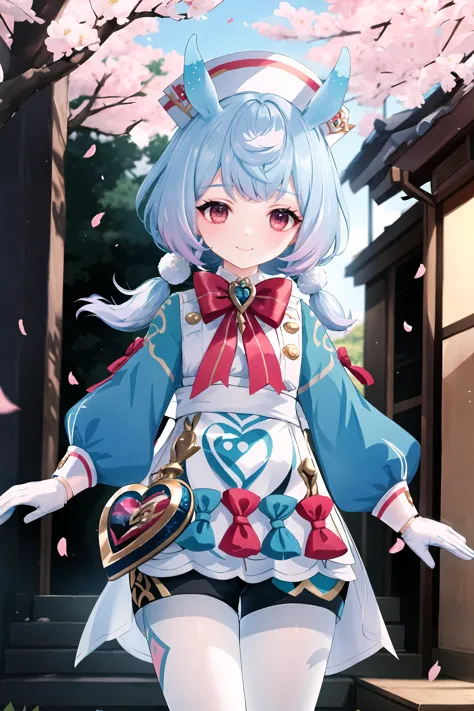 1fille, Sigewinne \(impact genshin\), seulement,  twintails bas, oreilles d&#39;animaux, Gants blancs, noeud papillon rouge, casquette d&#39;infirmière, Robe turquoise, Tablier blanc, sac en forme de coeur, Shorts noirs, collants blancs, debout, tir de cow-boy, léger sourire, regarder le spectateur, En plein air, rue, fleurs de cerisier, pétales, profondeur de champ