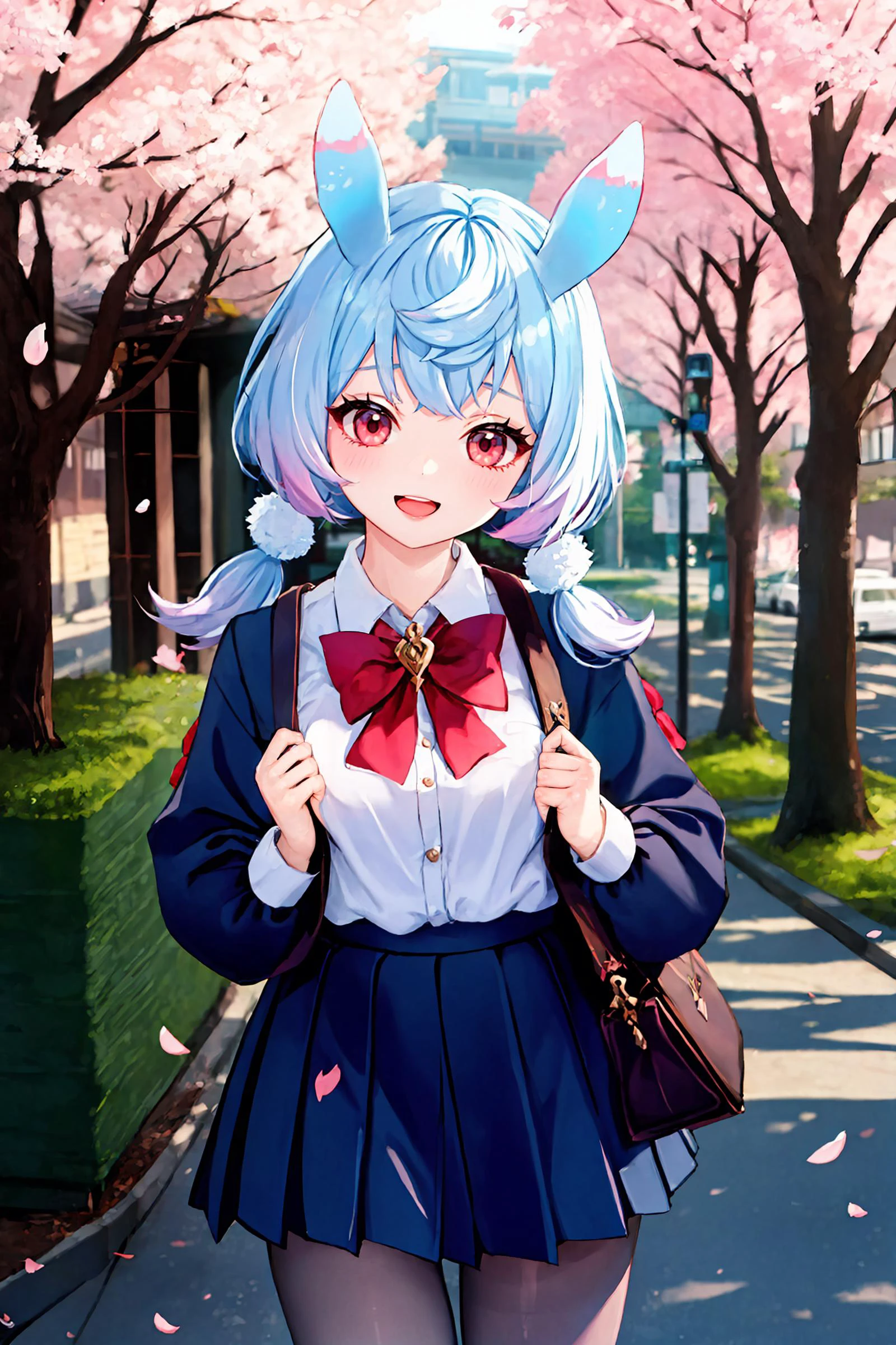 1girl, sigewinne \(genshin impact\), solo,  low twintails, animal ears, , white shirt, sweater, pleated skirt, pantyhose, smile, open mouth, looking at viewer, outdoors, street, cherry blossoms, petals, depth of field