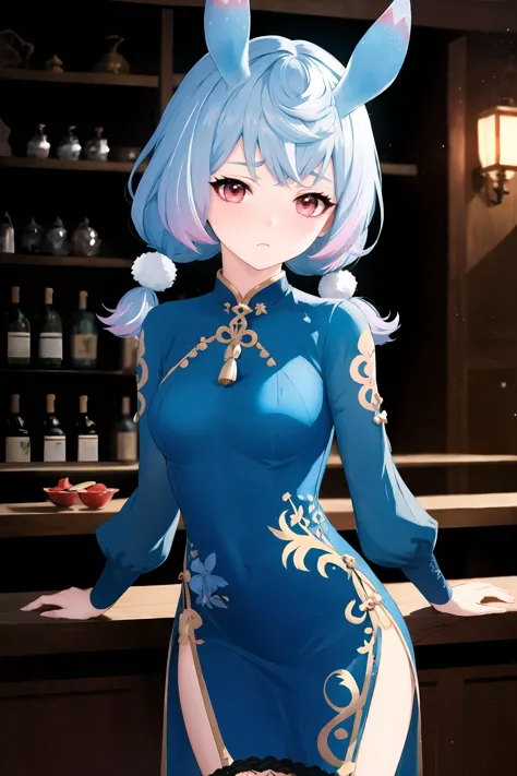 1girl, sigewinne \(genshin impact\), solo,  low twintails, animal ears, china dress, highleg, lace-trimmed legwear, cowboy shot, bar \(place\), indoors, depth of field, pout, taut dress, v arms, looking at viewer, embarrassed, blush, flying sweatdrops