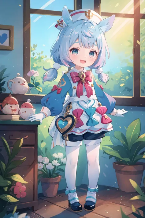 1fille, Sigewinne \(impact genshin\), seulement,  twintails bas, oreilles d&#39;animaux, Gants blancs, noeud papillon rouge, casquette d&#39;infirmière, Robe turquoise, Tablier blanc, sac en forme de coeur, Shorts noirs, collants blancs, bottes repliées, debout, tout le corps, regarder le spectateur, sourire, bouche ouverte, coucher de soleil, Infirmerie, fenêtre, rétroéclairage, profondeur de champ