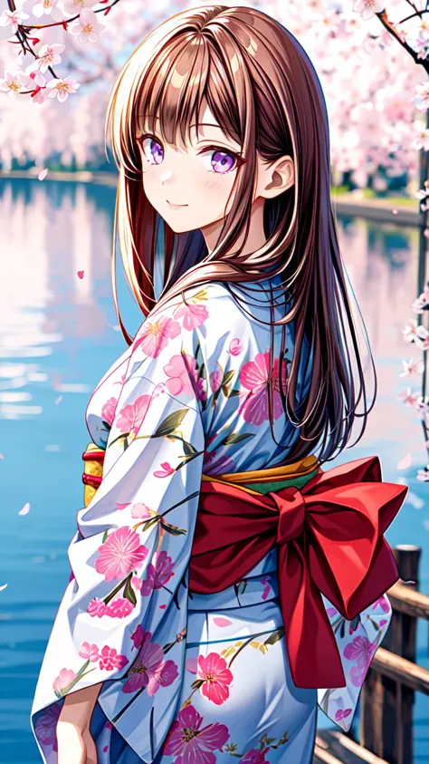 anime girl in kimono outfit standing by water with cherry blossoms