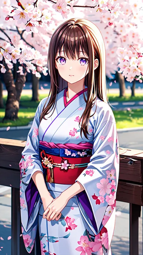 anime girl in kimono outfit standing under cherry tree with purple eyes