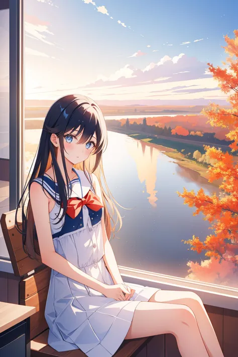 anime girl sitting on a bench looking out a window